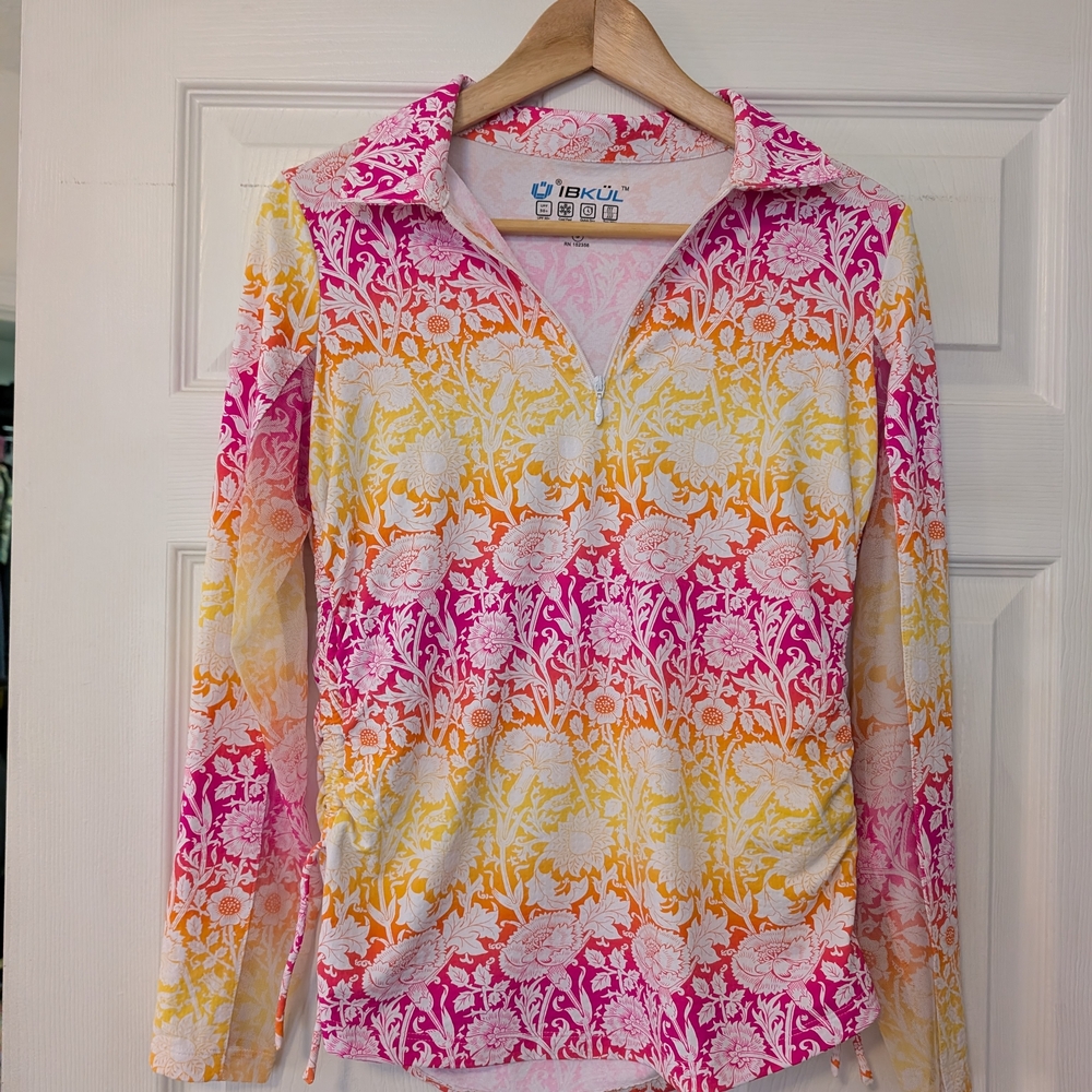 IBKUL Pink, Yellow & White Floral Ikat Zip-Front Sun Pullover Women's Size Small